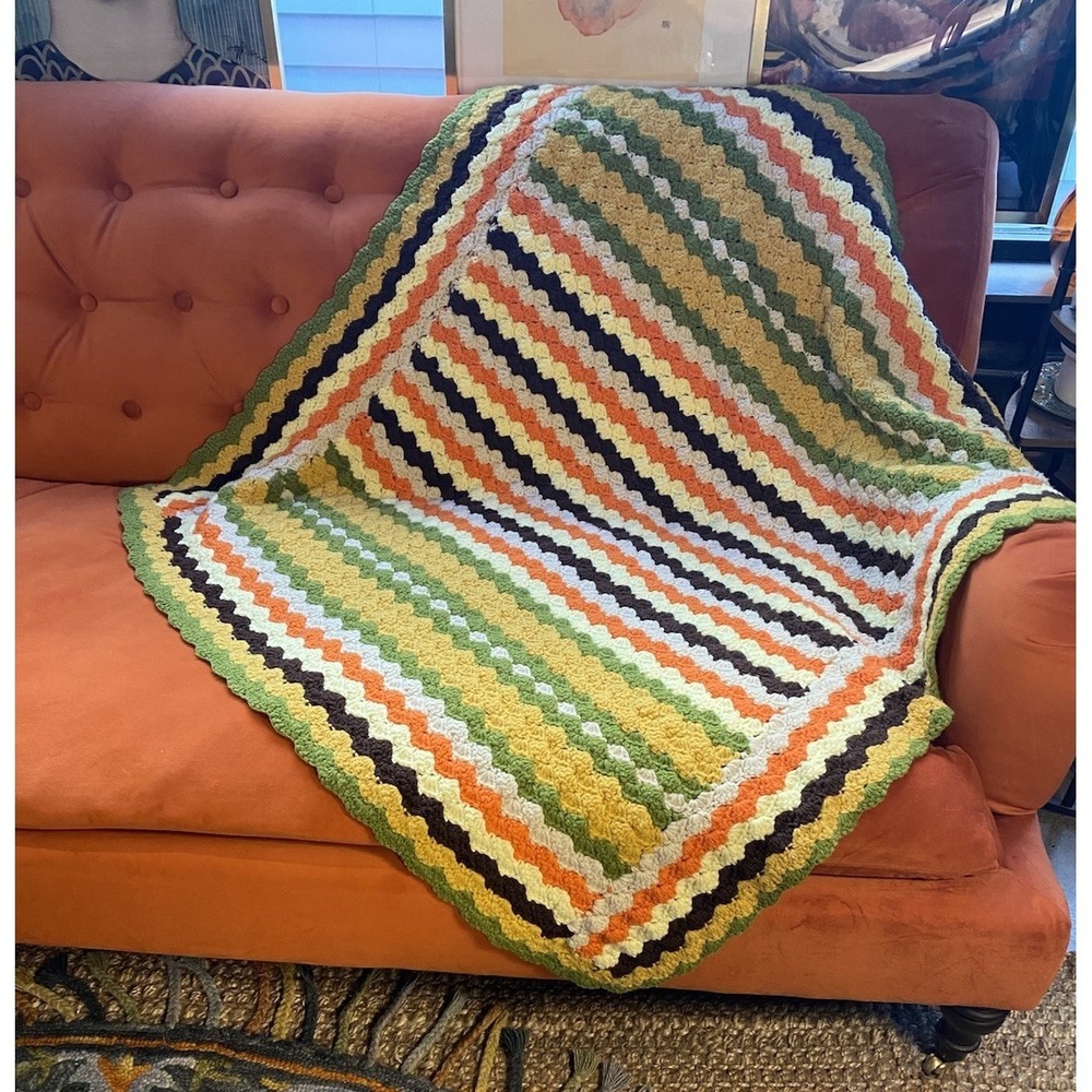 Retro MCM 60s 70s Groovy Orange Brown Green Yellow Small Afghan Blanket Throw